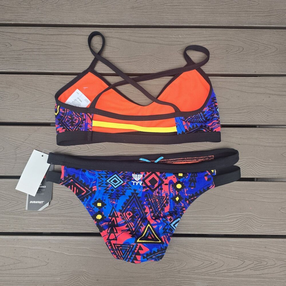 Tyr Womens Durafast Blue/Orange Santa Trinityfit Workout Bikini Sz S New No Tag View 2